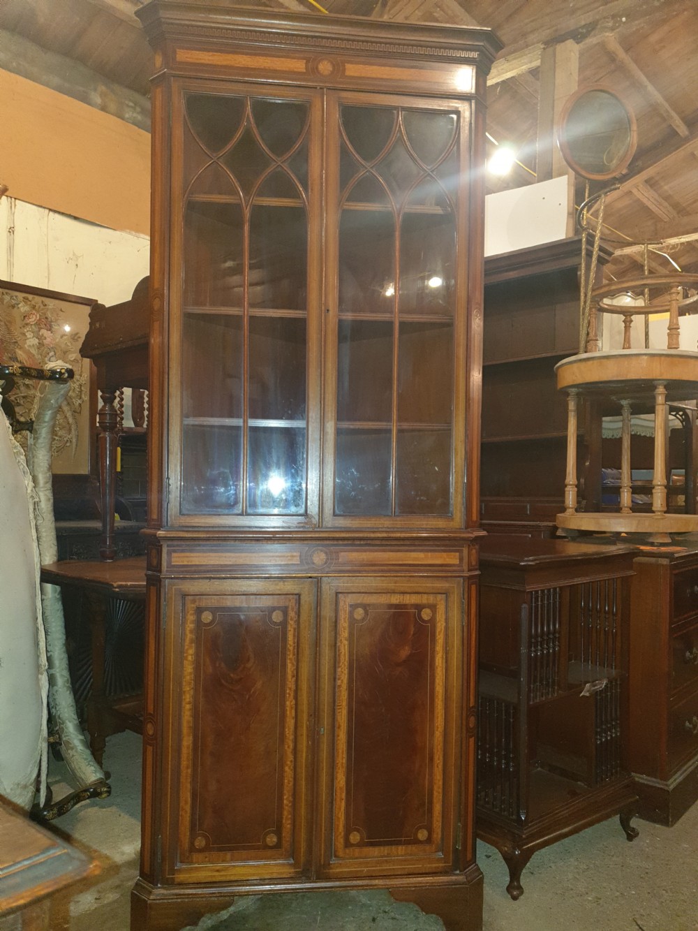 Early 20th century inlaid mahogany corner cabinet.  View V