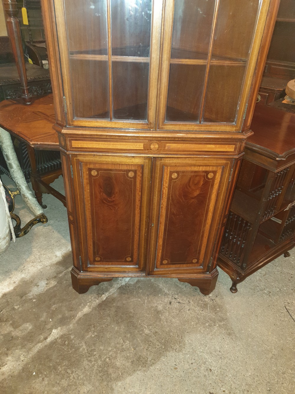 Early 20th century inlaid mahogany corner cabinet.  View VII