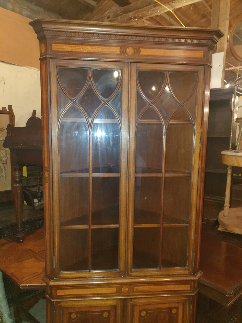 Early 20th century inlaid mahogany corner cabinet.  View VIII