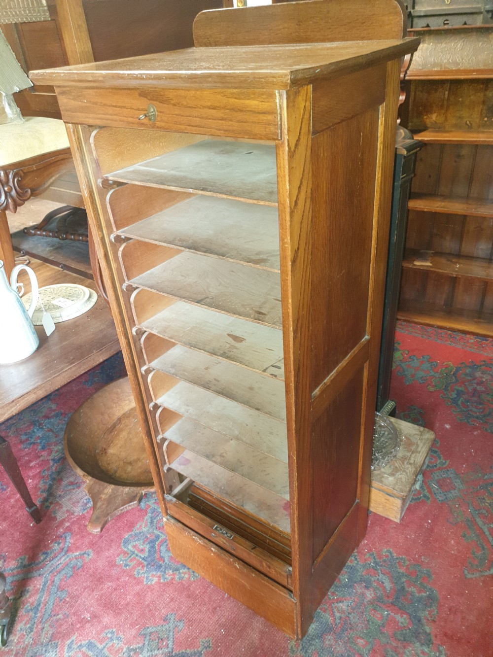 Early 20th century oak tambour front office cabinet.  View II
