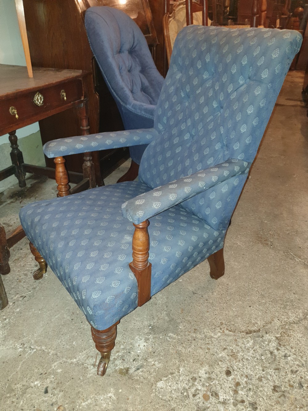Victorian upholstered armchair with good legs and castors.  View V