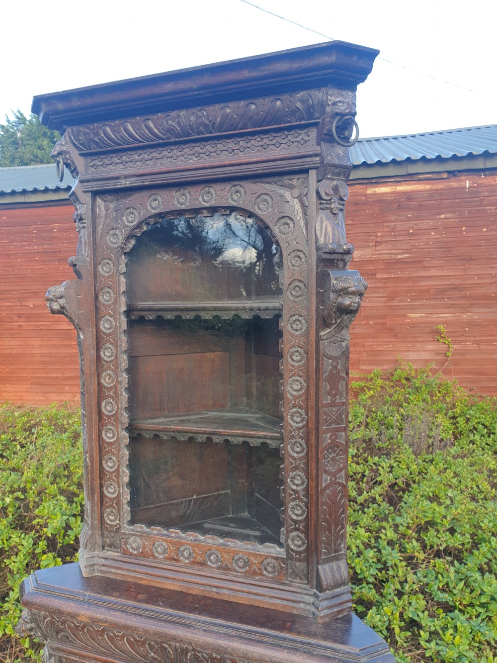 Victorian carved oak Green Man corner cabinet.  View III