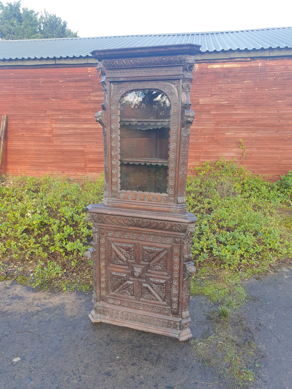 Victorian carved oak Green Man corner cabinet.  View V