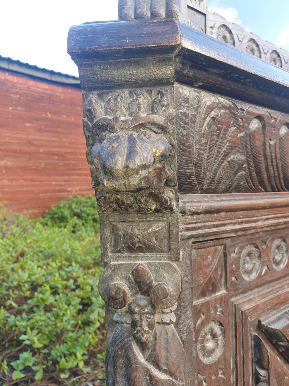 Victorian carved oak Green Man corner cabinet.  View VI