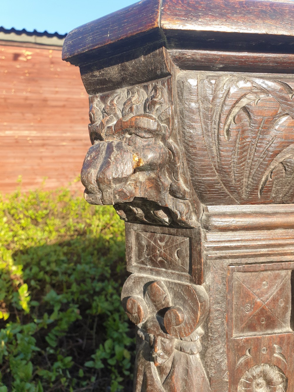 Victorian carved oak Green Man corner cabinet.  View VII