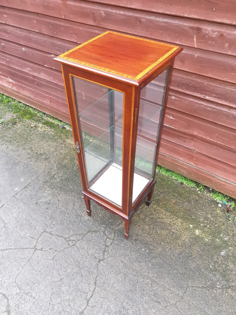 Edwardian inlaid mahogany bijouterie display cabinet.  View III