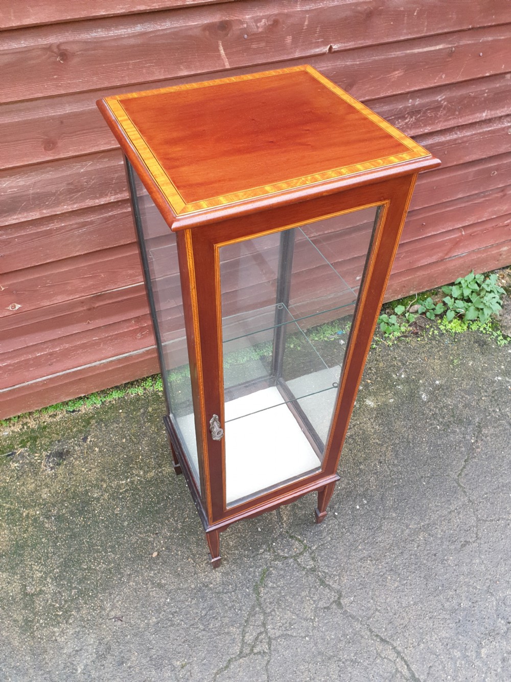 Edwardian inlaid mahogany bijouterie display cabinet.  View IV