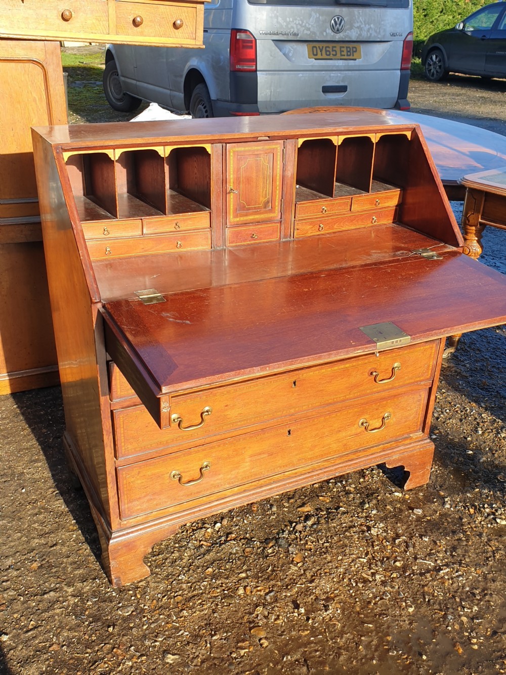Late Georgian inlaid mahogany bureau.  View IV