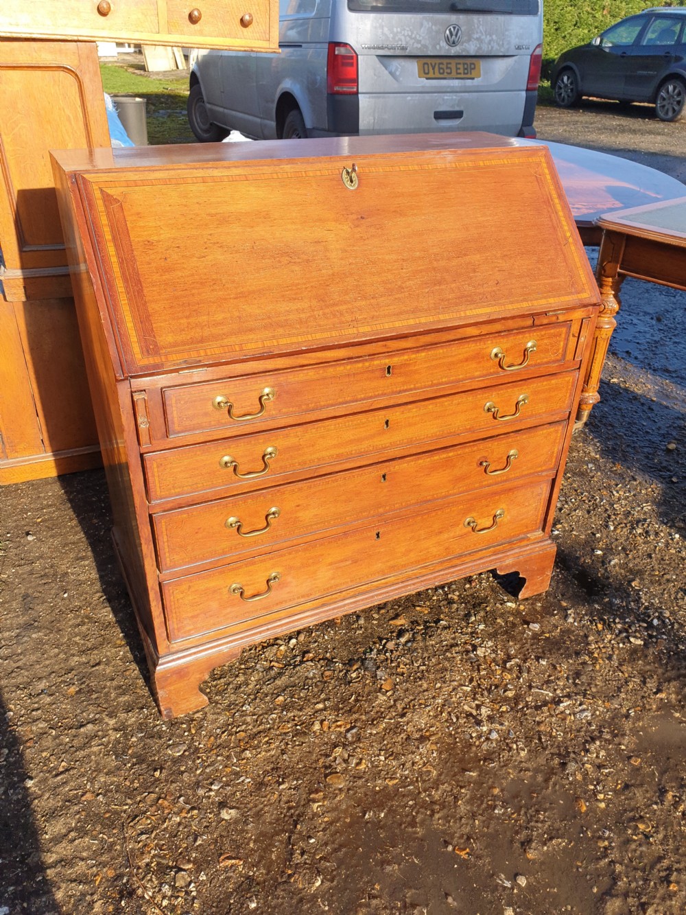 Late Georgian inlaid mahogany bureau.  View V