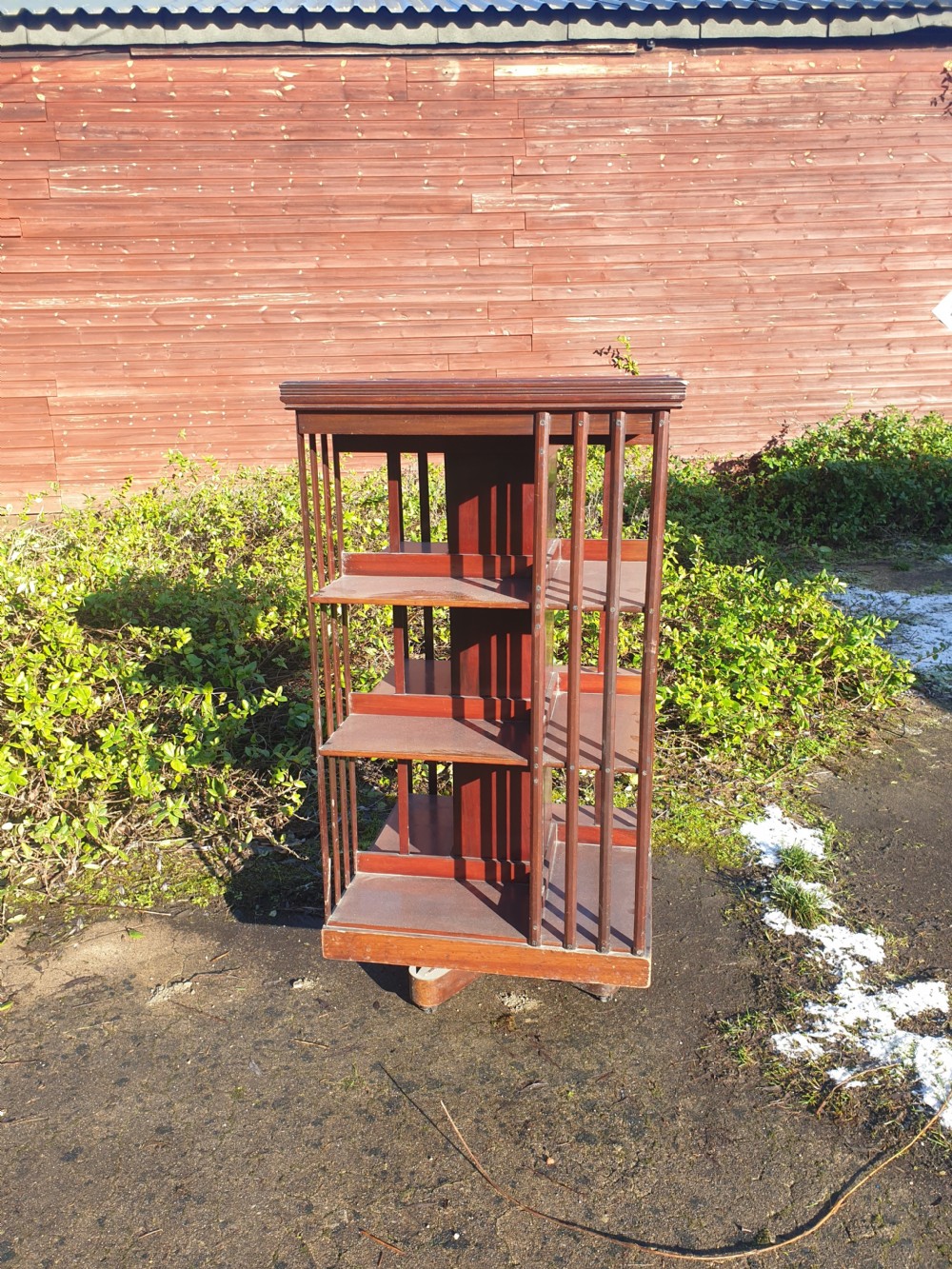 Late Victorian revolving bookcase. Makers label. View IV