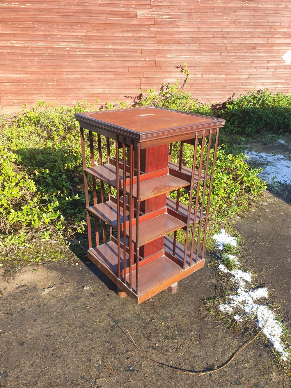 Late Victorian revolving bookcase. Makers label. View V