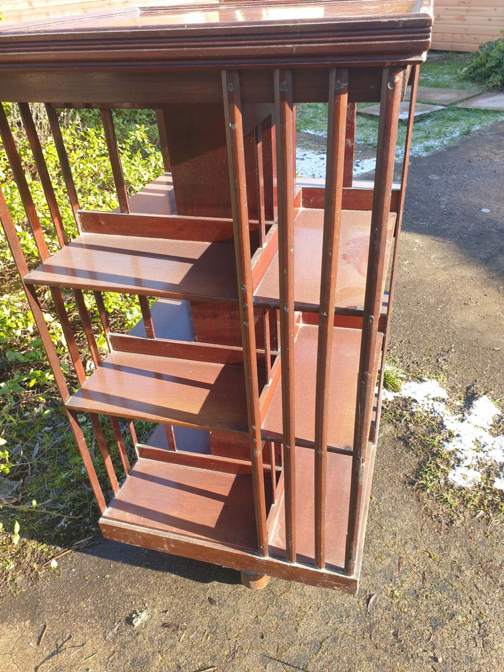 Late Victorian revolving bookcase. Makers label. View VI