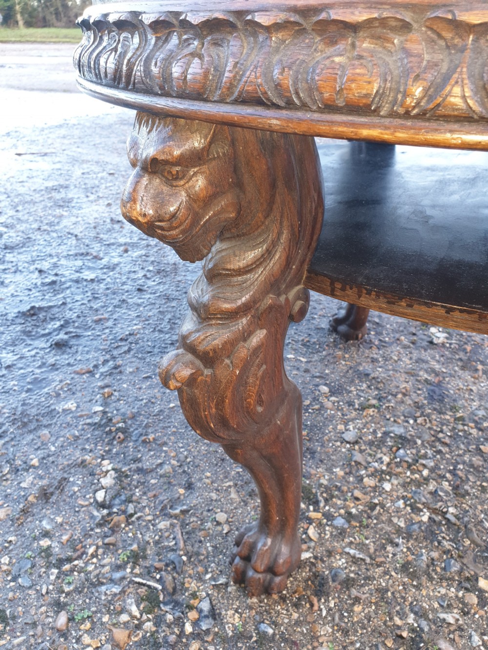 Late 19th century carved oak marble top table.  View III