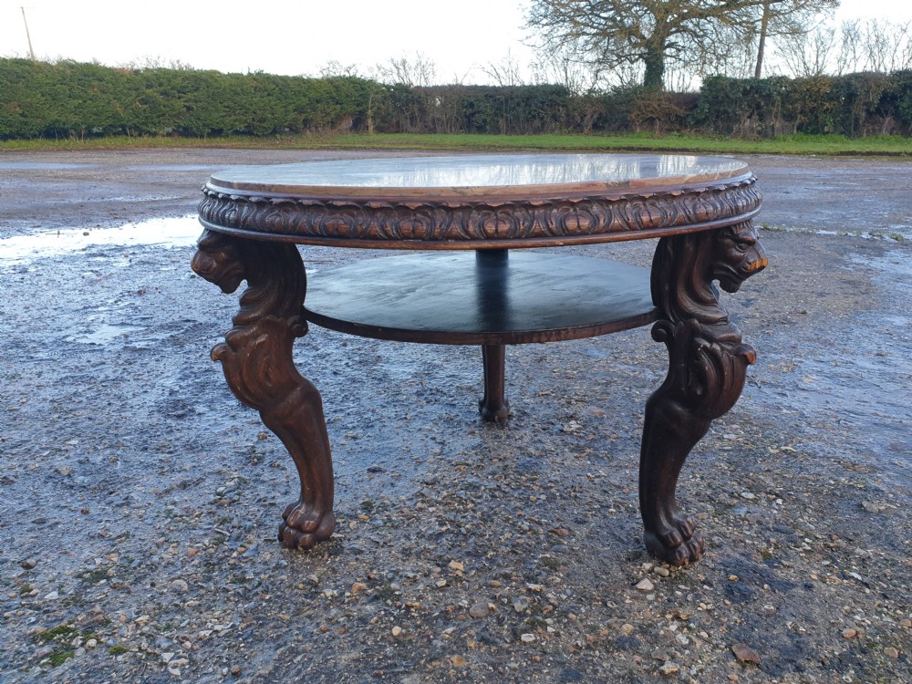 Late 19th century carved oak marble top table.  View IV