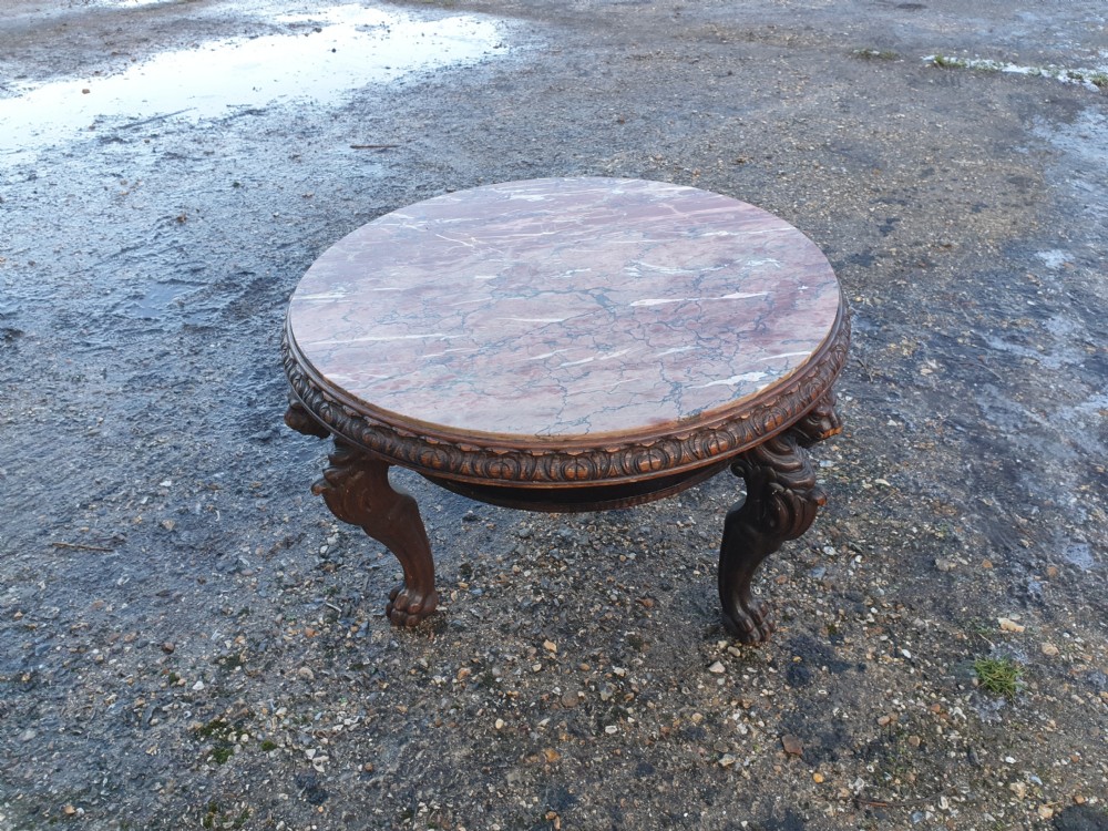 Late 19th century carved oak marble top table.  View V