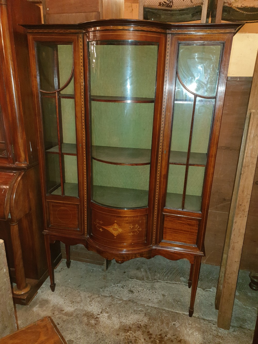 Edwardian inlaid mahogany bow front display cabinet. 