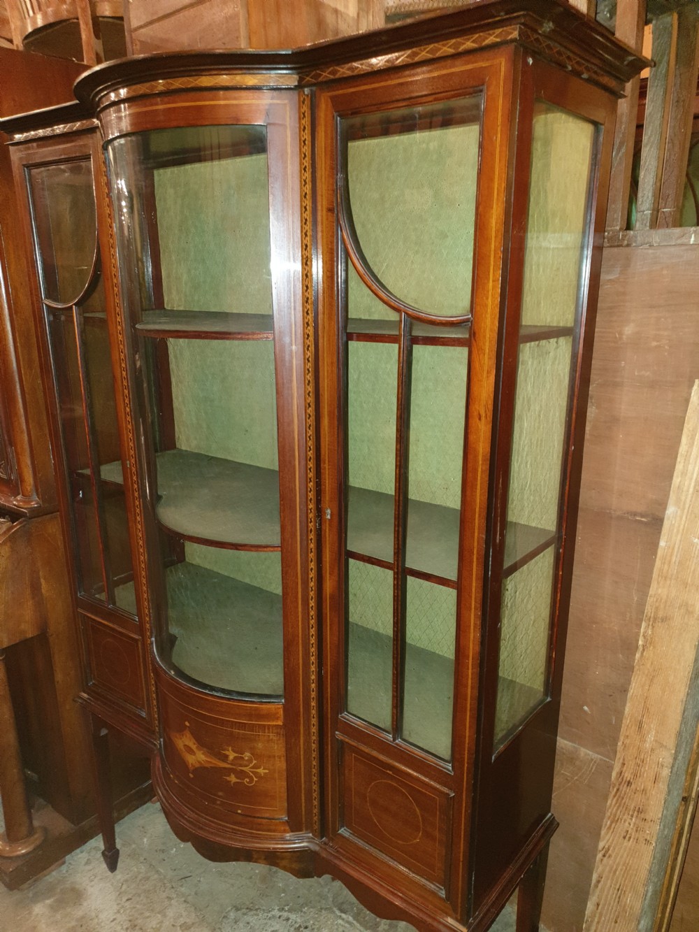 Edwardian inlaid mahogany bow front display cabinet.  View II