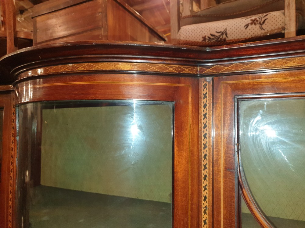 Edwardian inlaid mahogany bow front display cabinet.  View III