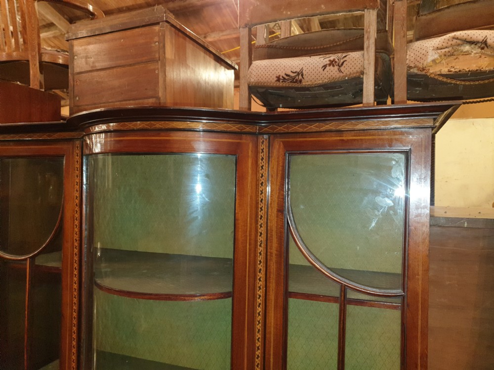 Edwardian inlaid mahogany bow front display cabinet.  View IV