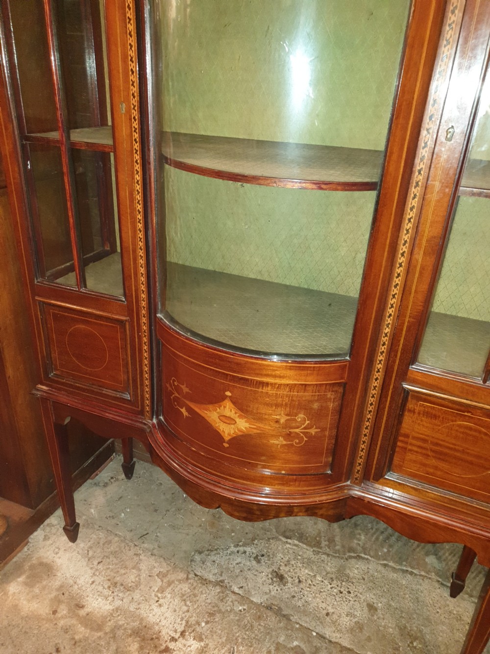 Edwardian inlaid mahogany bow front display cabinet.  View V