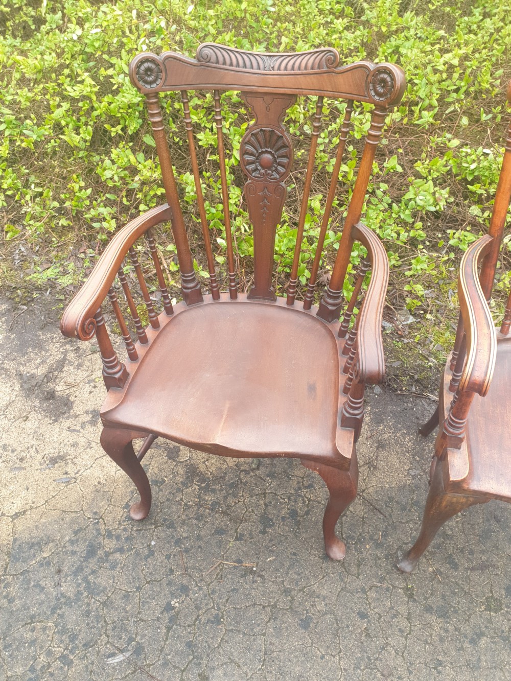 Pair of Windsor armchairs in the manner of William Birch.  View IV