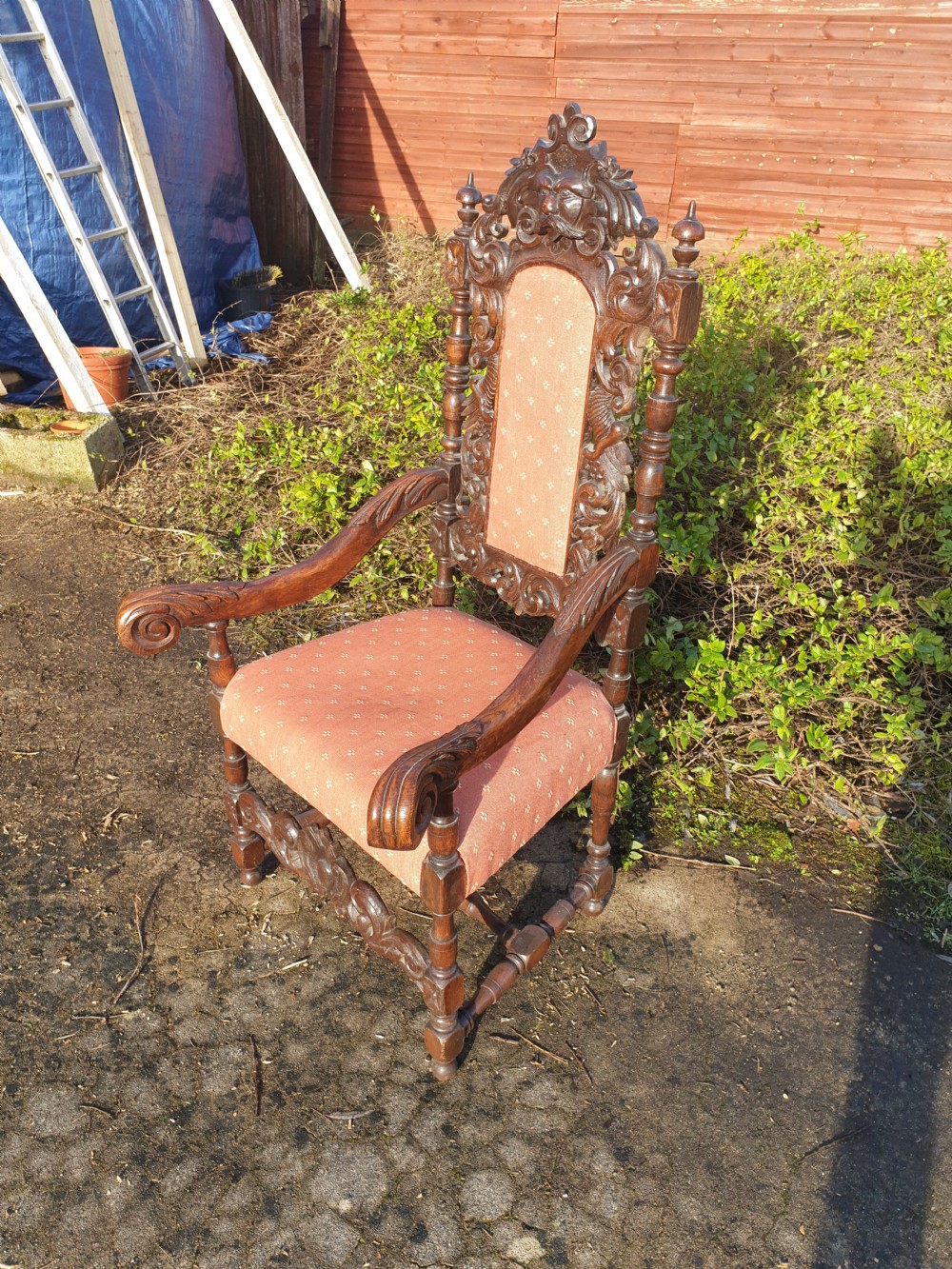 Large Victorian carved oak hall armchair.  View III