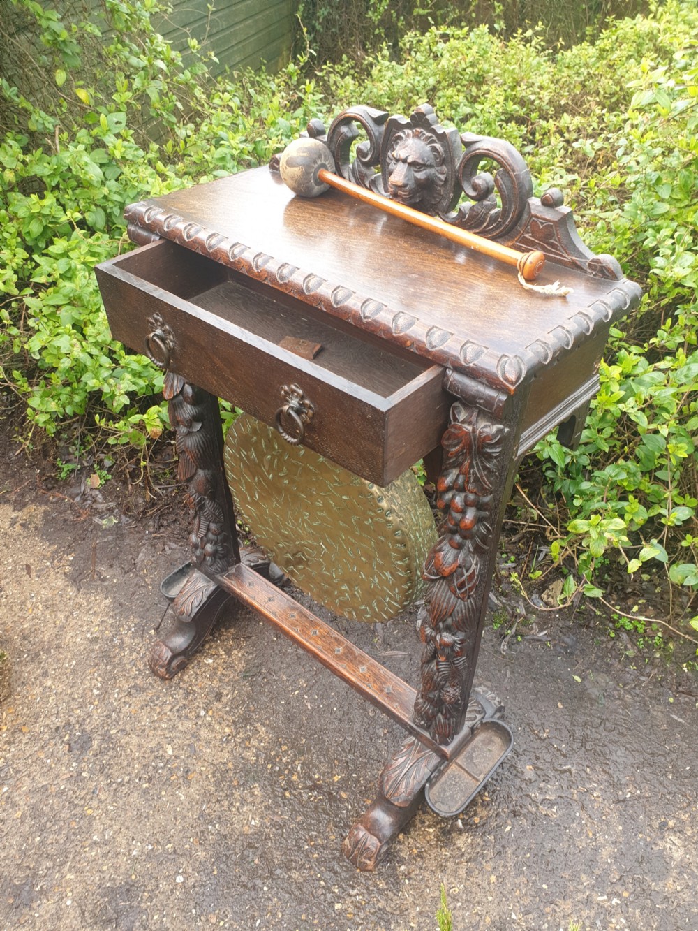 Unusual Victorian carved oak hall dinner gong.  View II