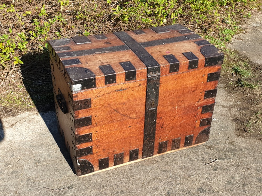 19th century oak metal bound silver chest. View II