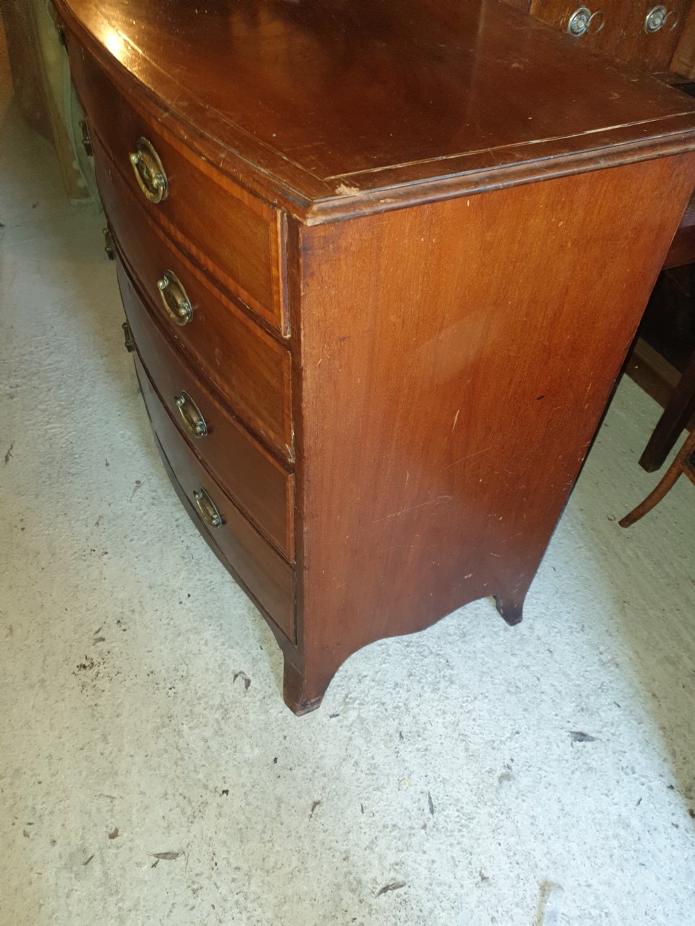 19th century inlaid bow front chest. View III