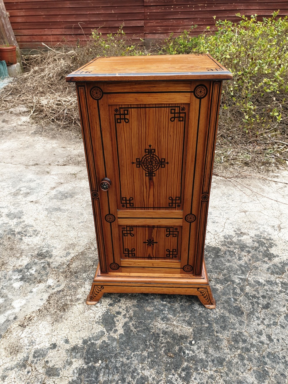 Nicely decorated pitch pine bedside cabinet  View II