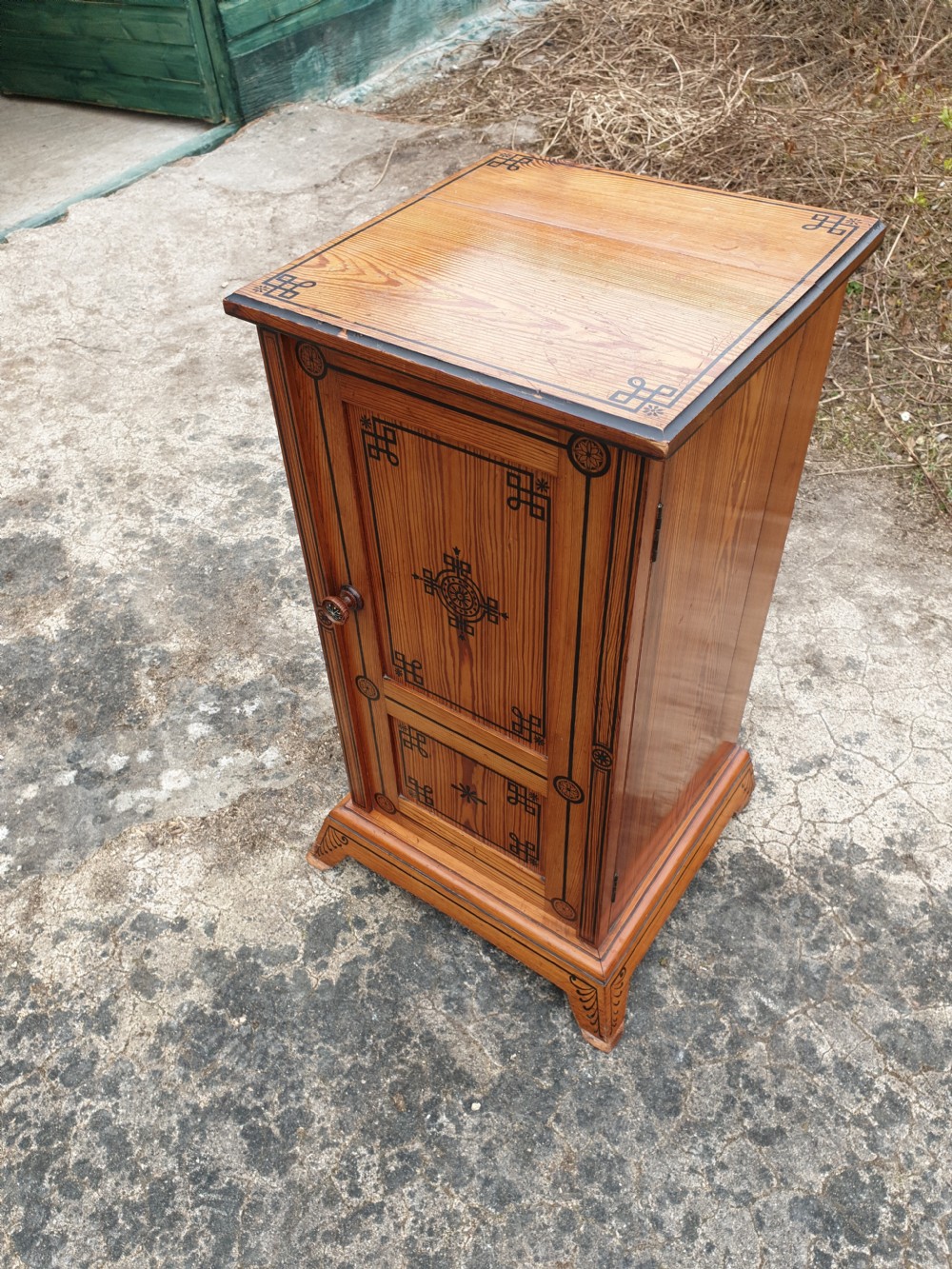 Nicely decorated pitch pine bedside cabinet  View III