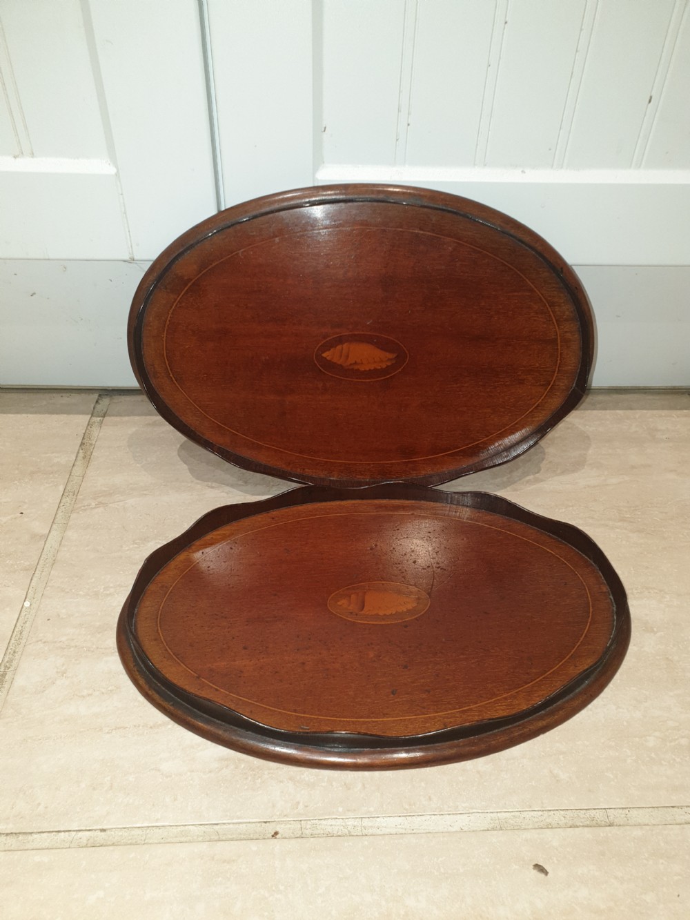 Pair of Edwardian shell inlaid drinks trays