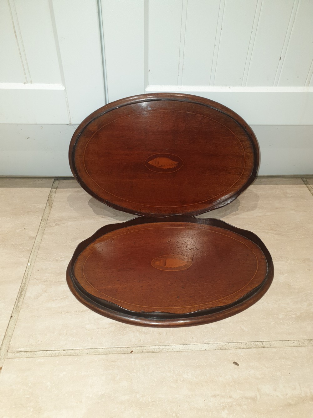 Pair of Edwardian shell inlaid drinks trays View II