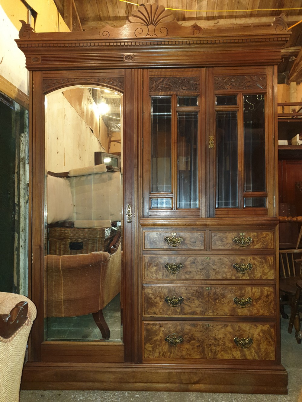 Late Victorian walnut double wardrobe.  View II