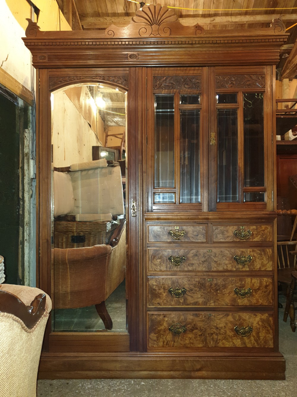 Late Victorian walnut double wardrobe.  View VIII