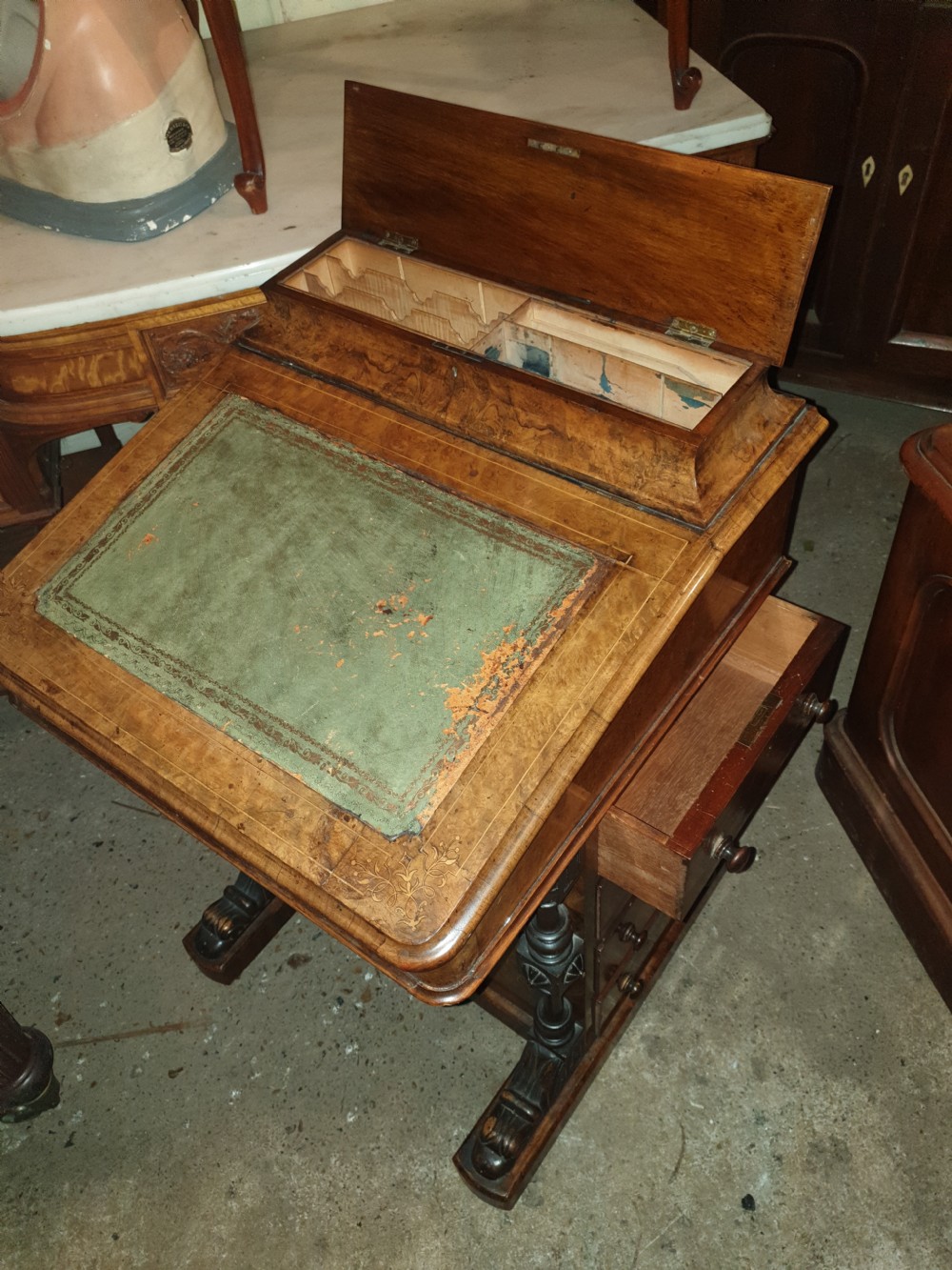 Victorian inlaid burr walnut Davenport  View II
