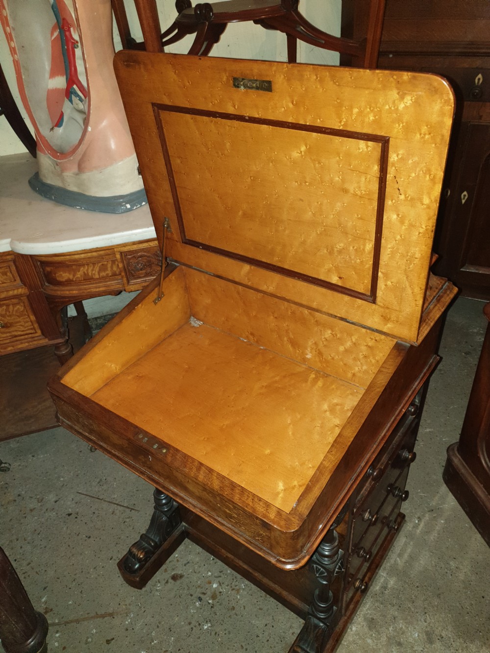 Victorian inlaid burr walnut Davenport  View III