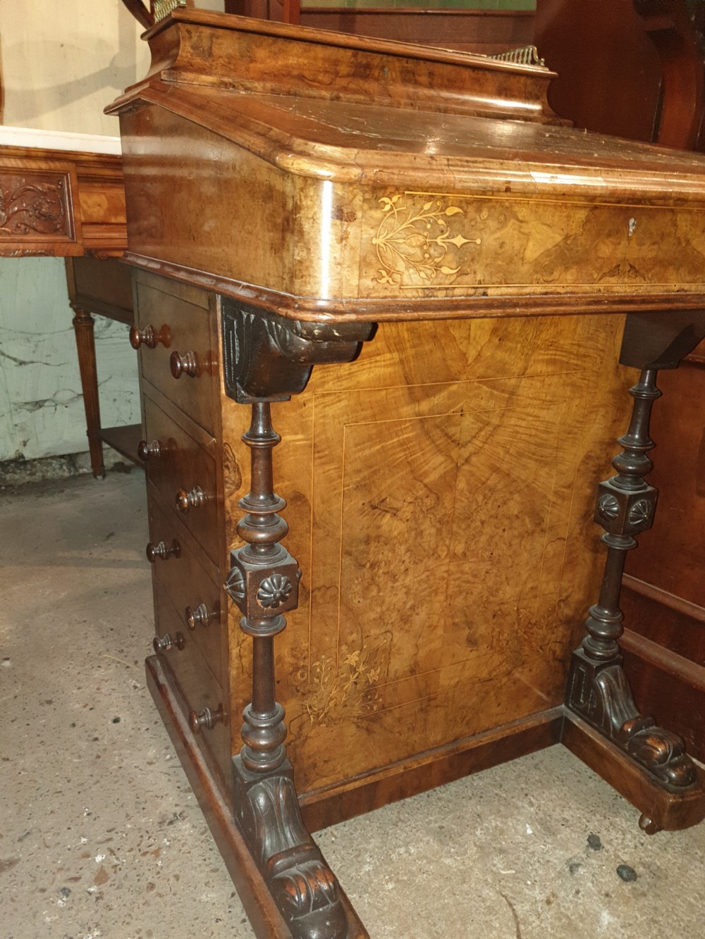 Victorian inlaid burr walnut Davenport  View V