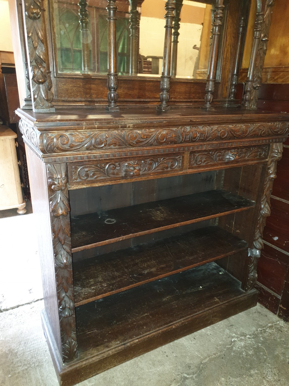 Victorian carved oak Green Man bookcase cabinet.  View III