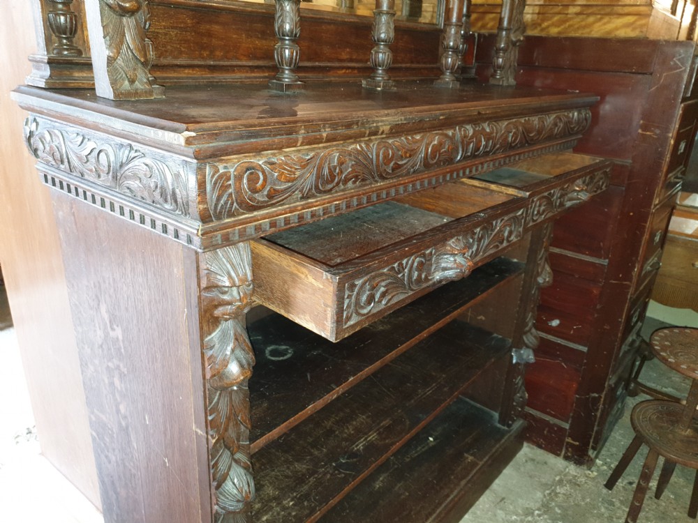Victorian carved oak Green Man bookcase cabinet.  View IV