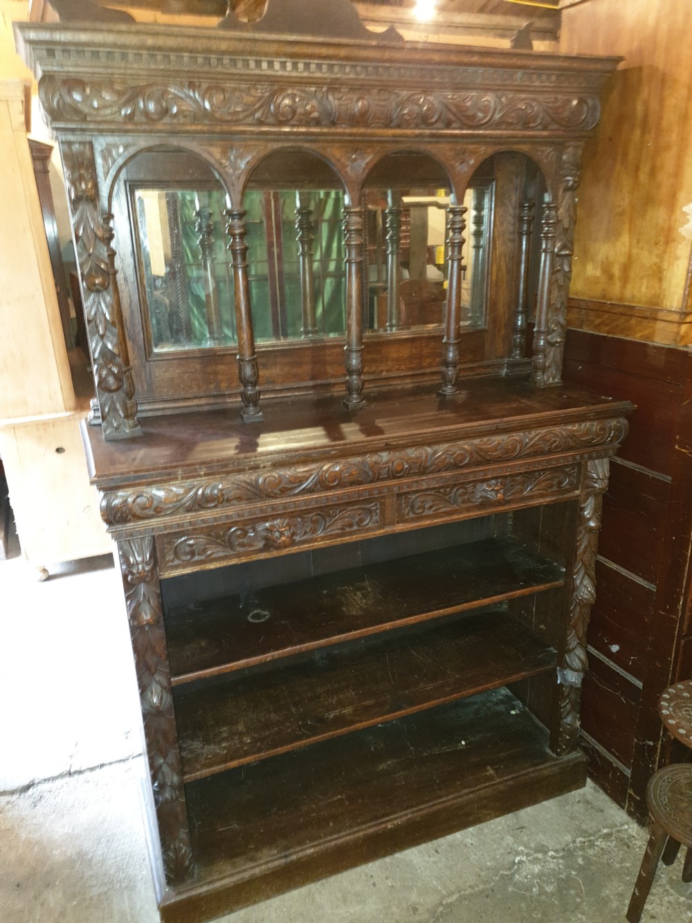 Victorian carved oak Green Man bookcase cabinet.  View V