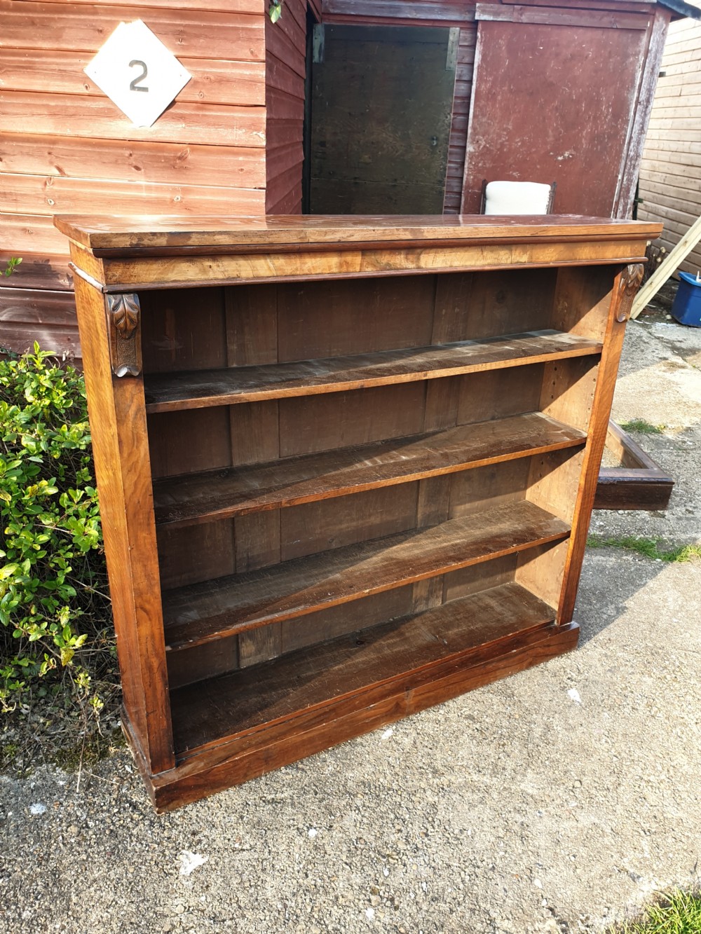 Victorian walnut open front bookcase.  View IV
