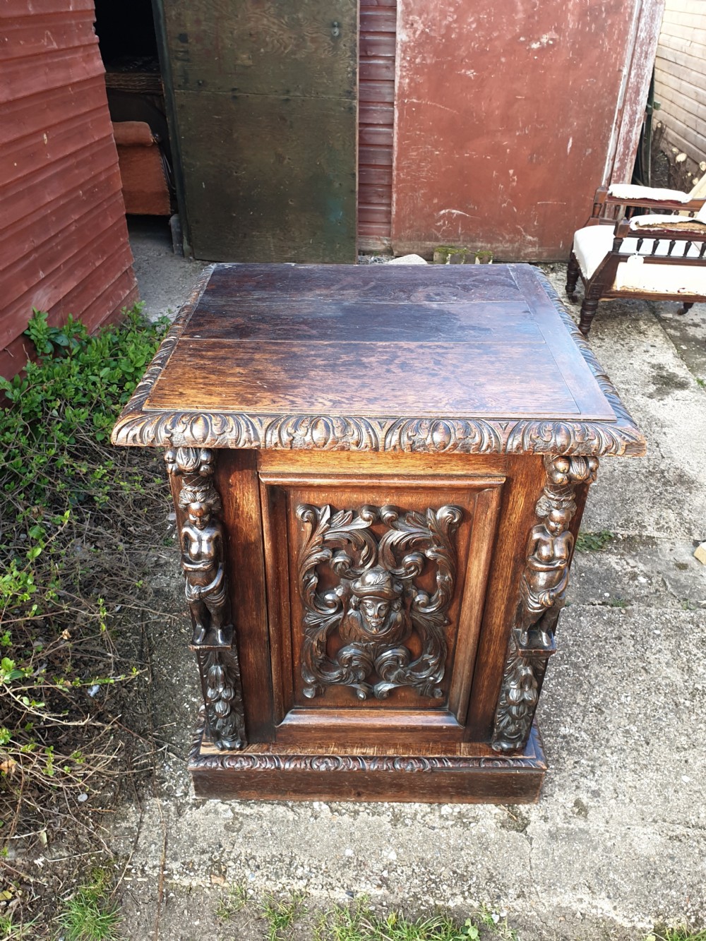 Large Victorian oak country house pedestal cupboard.  View V