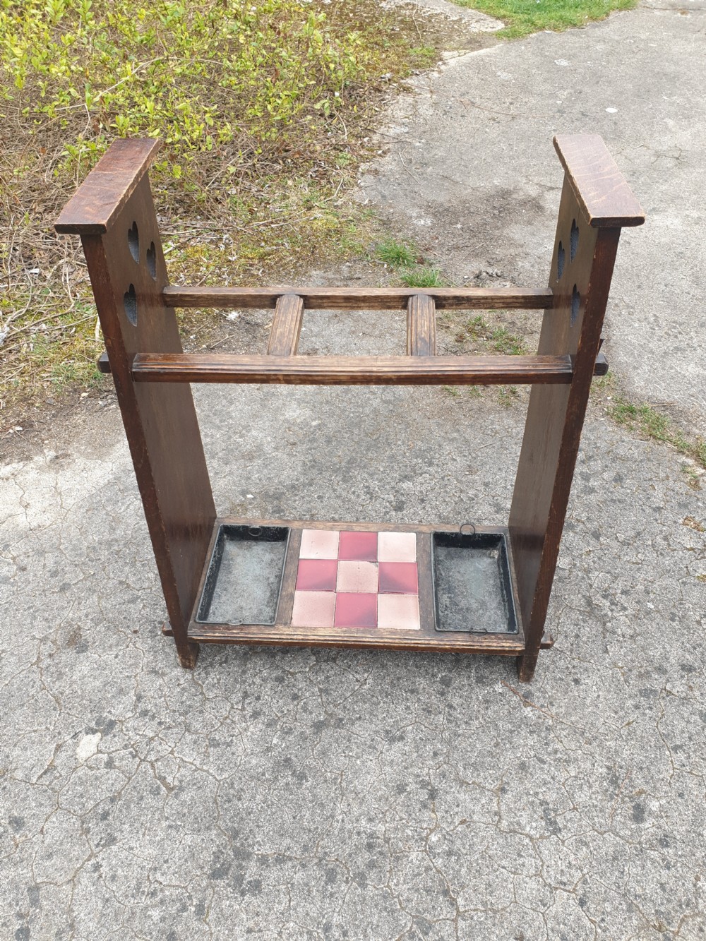 Oak arts and crafts stick stand in the manner of Liberty's.  View III