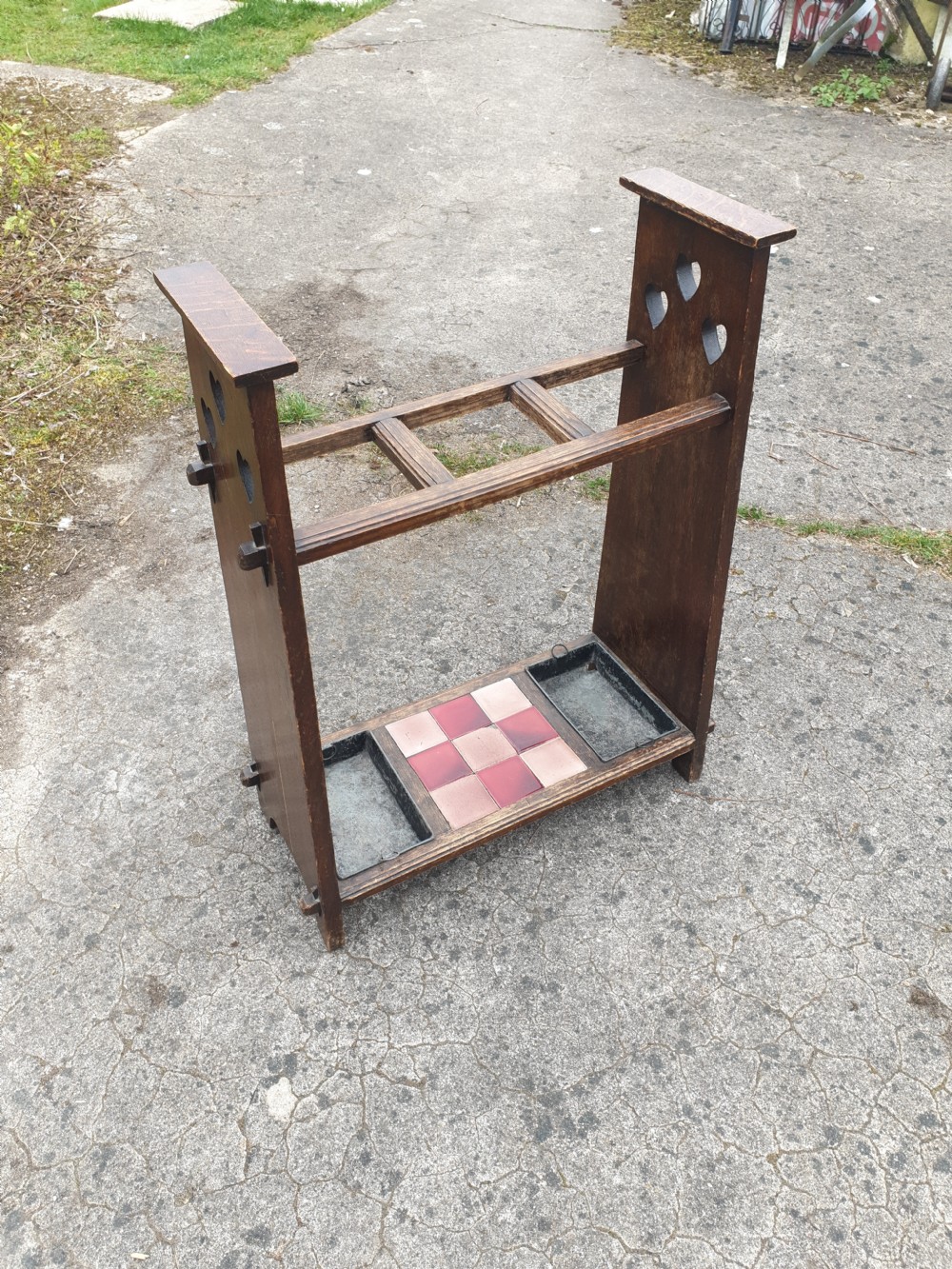 Oak arts and crafts stick stand in the manner of Liberty's.  View IV