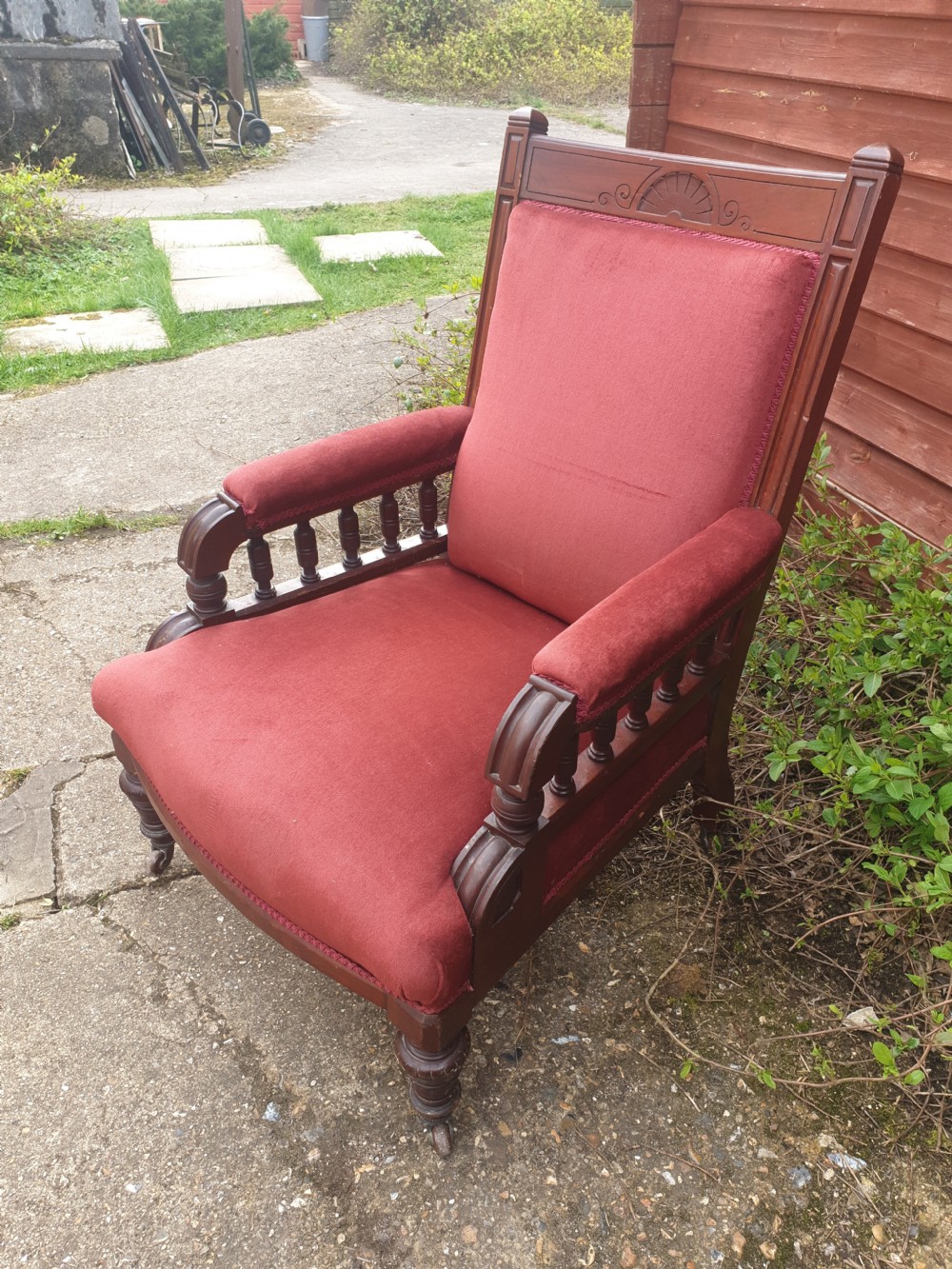 Victorian mahogany framed upholstered armchair  View III