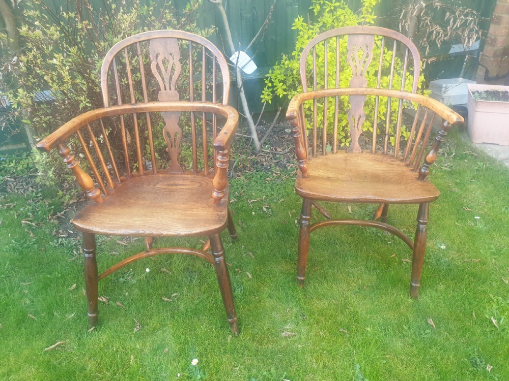 Pair of 19th century yew & elm Windsor armchairs. 