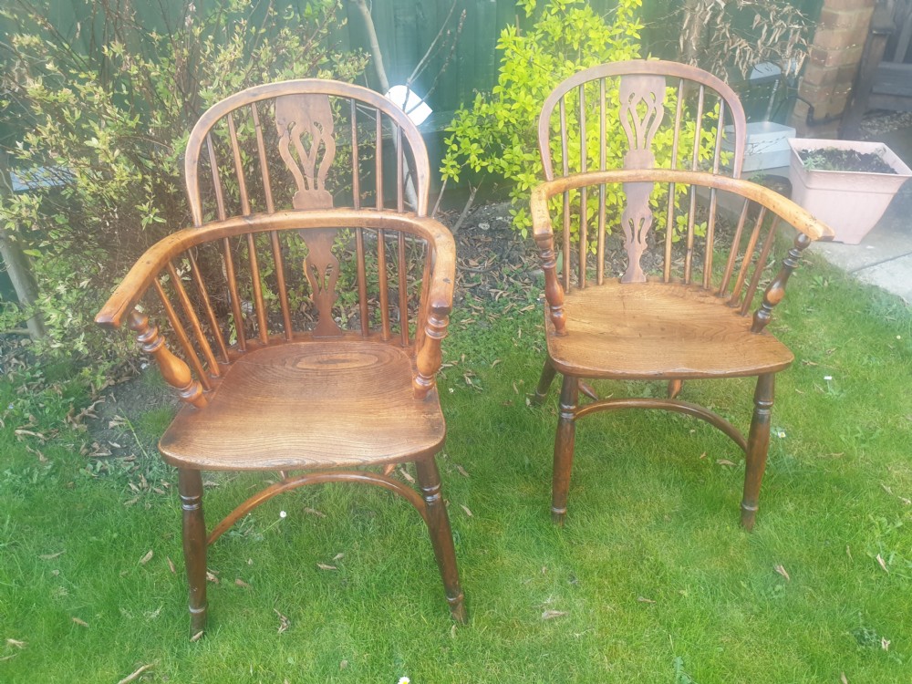 Pair of 19th century yew & elm Windsor armchairs.  View II