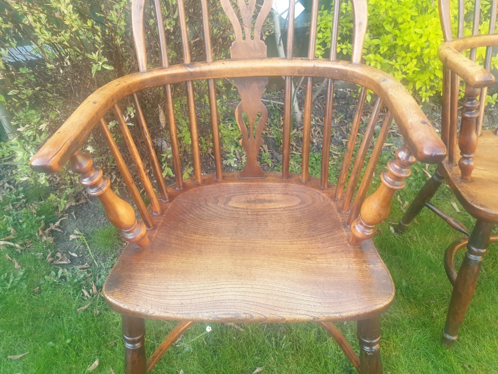 Pair of 19th century yew & elm Windsor armchairs.  View IV