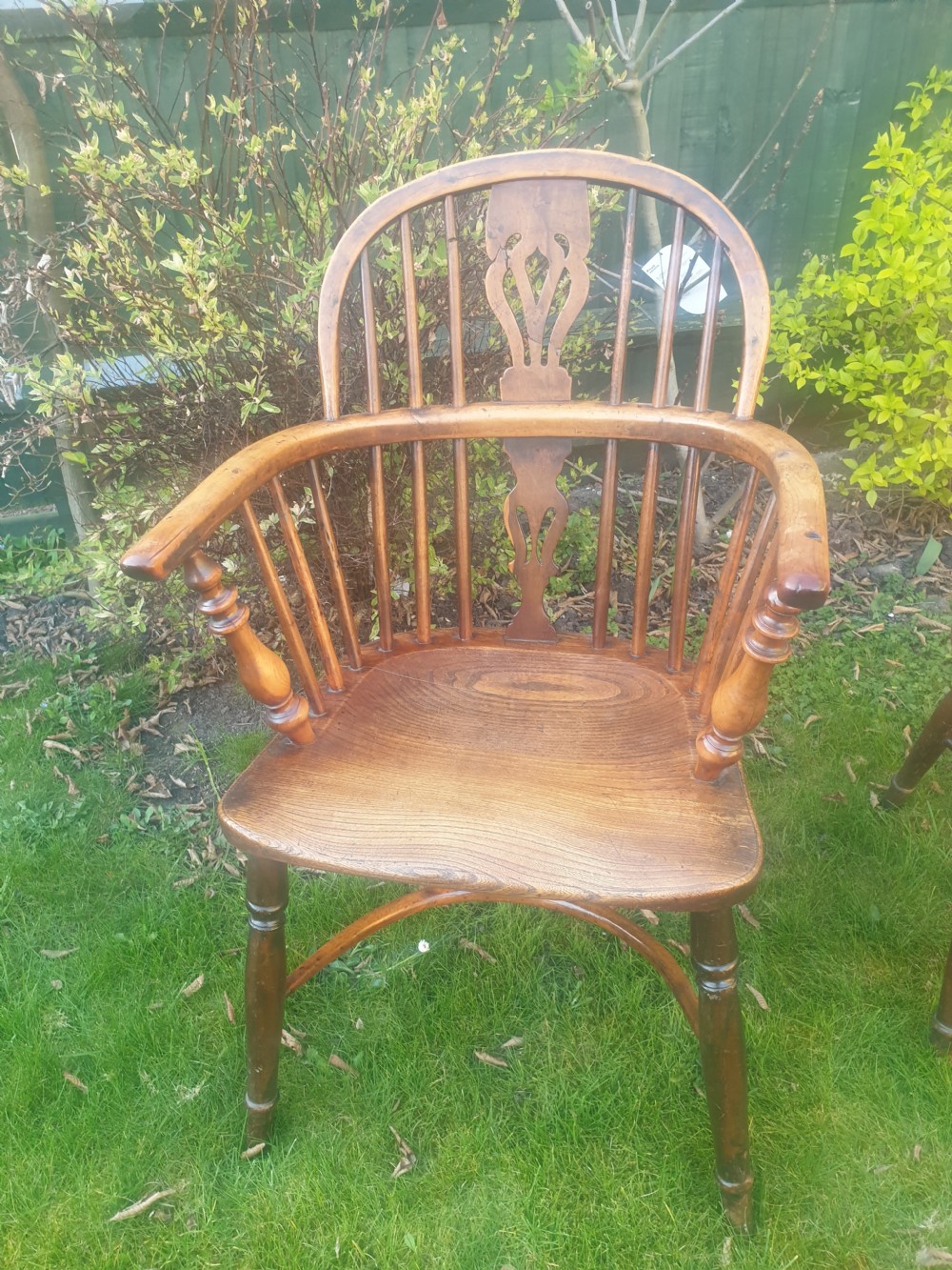 Pair of 19th century yew & elm Windsor armchairs.  View V
